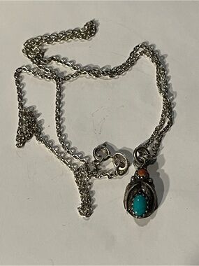 Sterling Silver Turquoise and coral Pendant on an 18” chain. 925 southwestern